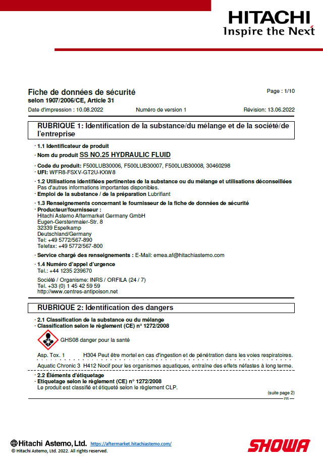 Fiche de données de sécurité SS25