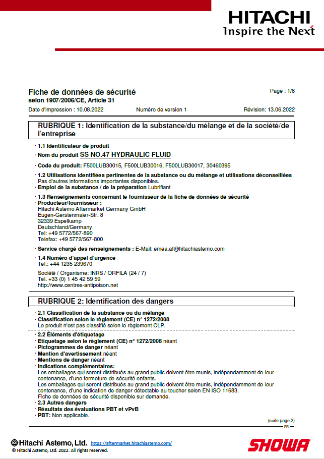 Fiche de données de sécurité SS47